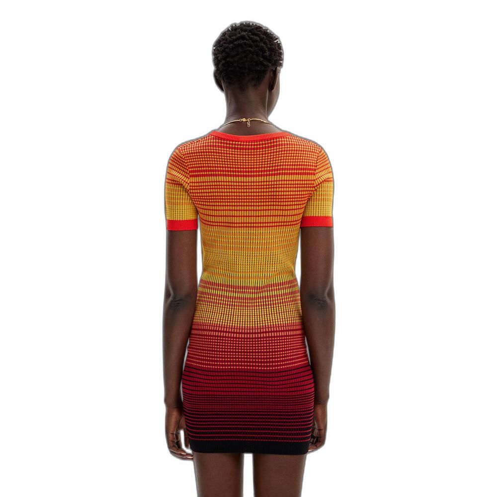 Desigual Women's Midi Short Short-Sleeve Round-Neck Viscose & Polyamide Dress - Multicolor Red Striped