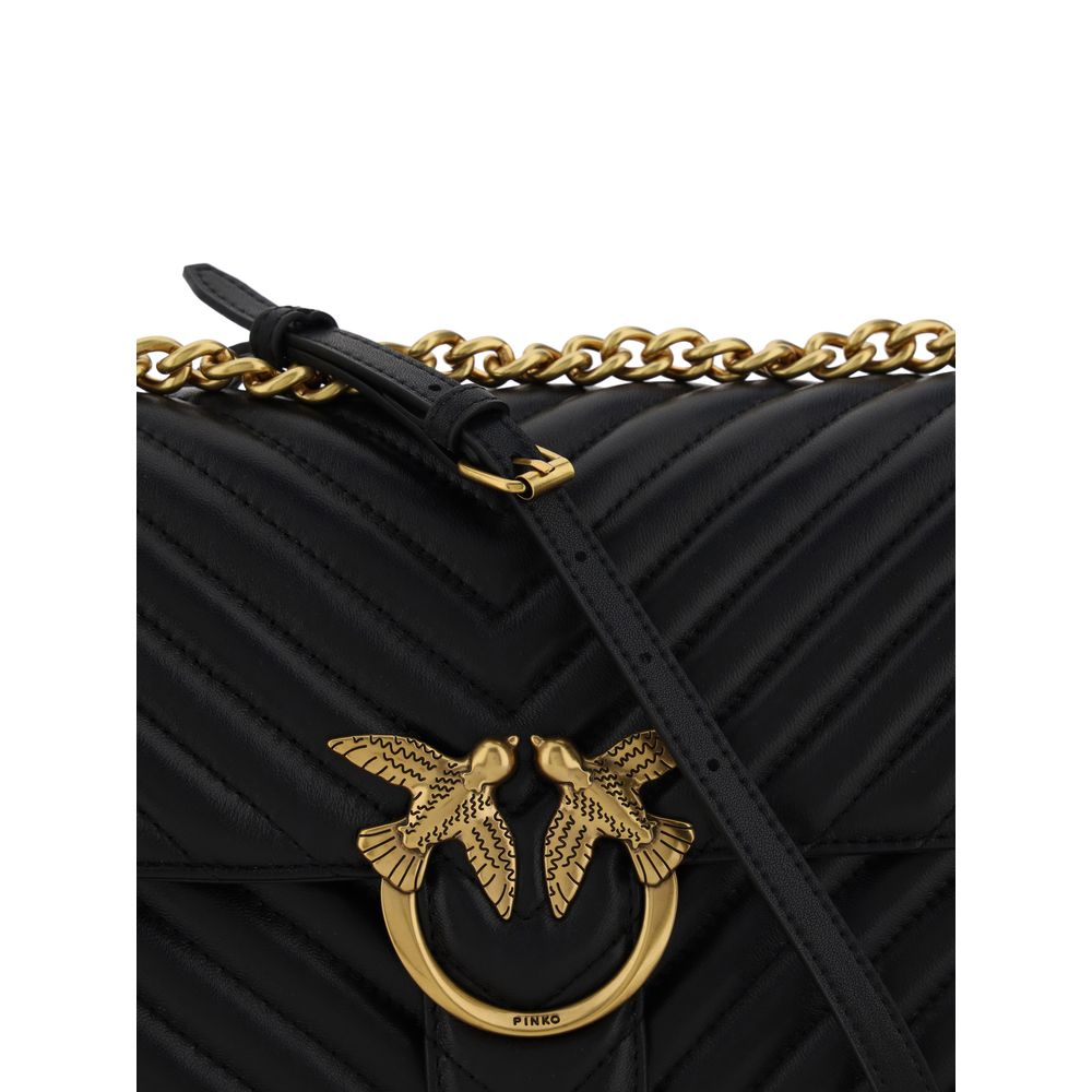 PINKO Love Birds One Leather Quilted Shoulder Bag - Black Gold Monogram