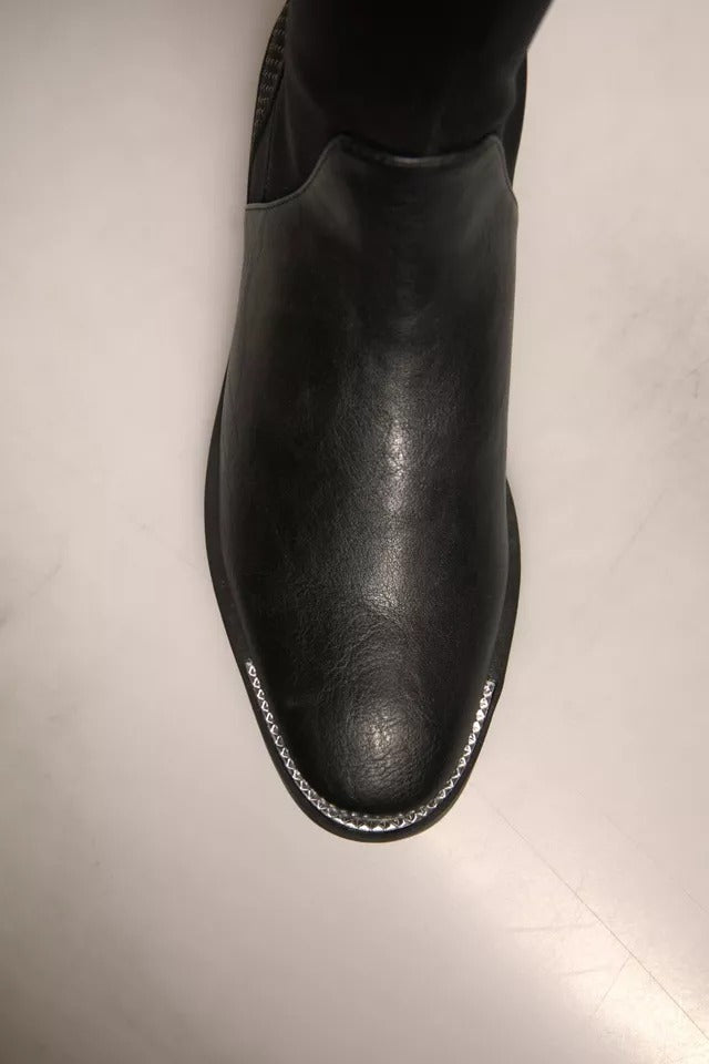 MY TWIN Women's Suede Leather Flat High Knee-High Boots - Black