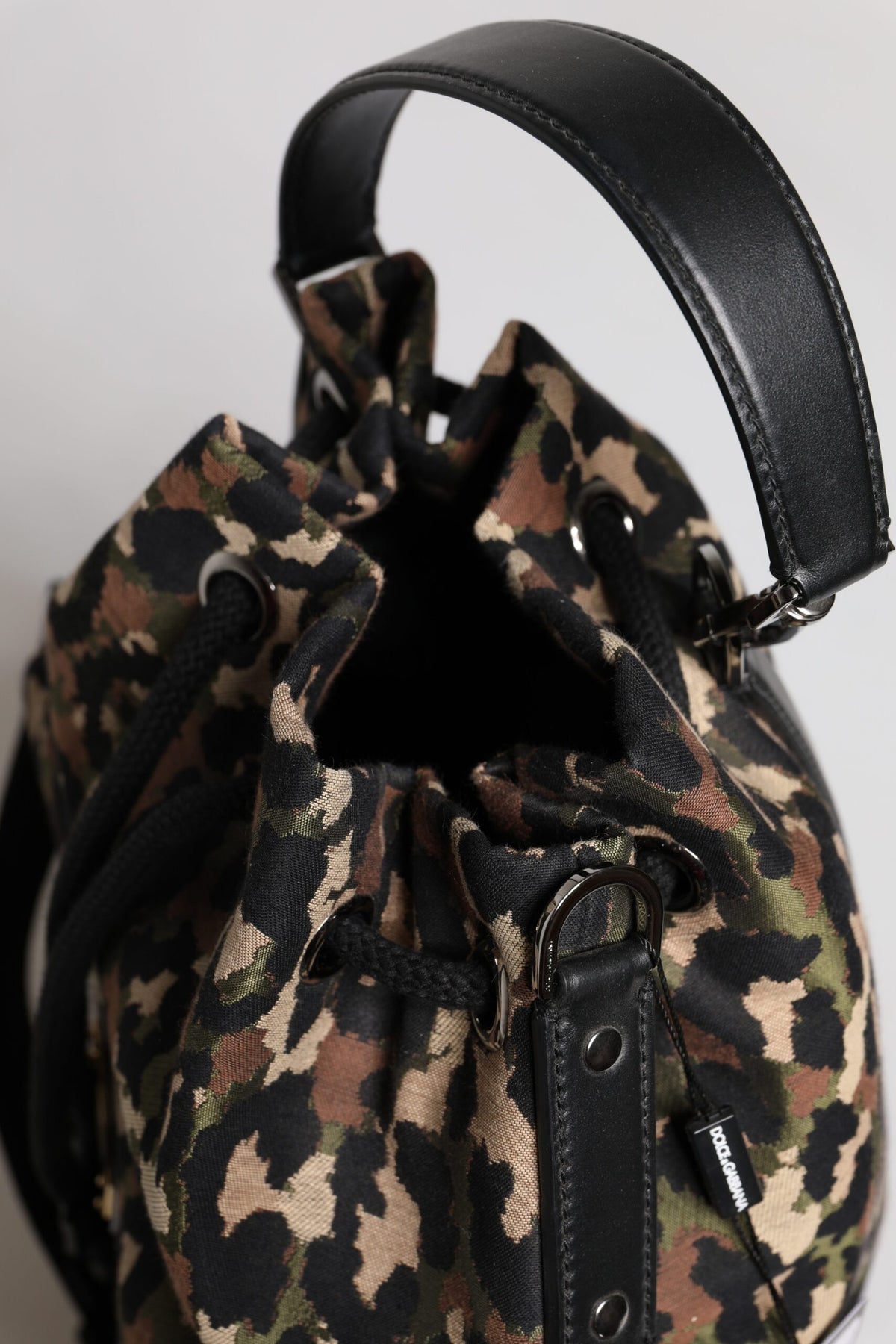 Dolce & Gabbana Leather Poly Cotton Bucket Shoulder Bag - Black Multicolor Leopard Print Print