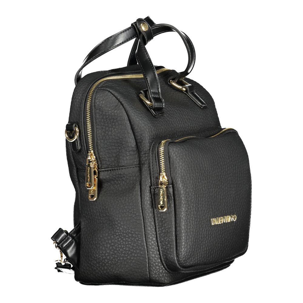 Backpack by Mario Valentino for women in faux pebbled leather black & gold showcases an architectural Faux Pebbled Leather Backpack design, featuring a secure zipper, ample external-pockets & internal-pockets, and architectural shoulder-strap, handle, backpack-strap & adjustable-strap for a sophisticated look.