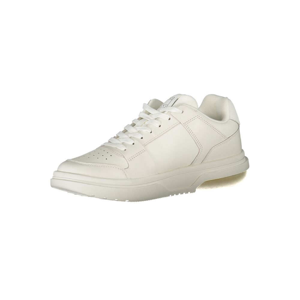 Athletic Sneakers by Tommy Hilfiger for women in polyester polyurethane leather white features an architectural silhouette, showcasing the premium athletic style of the Women's Athletic Polyester Polyurethane Leather Sneakers with an architectural finish.