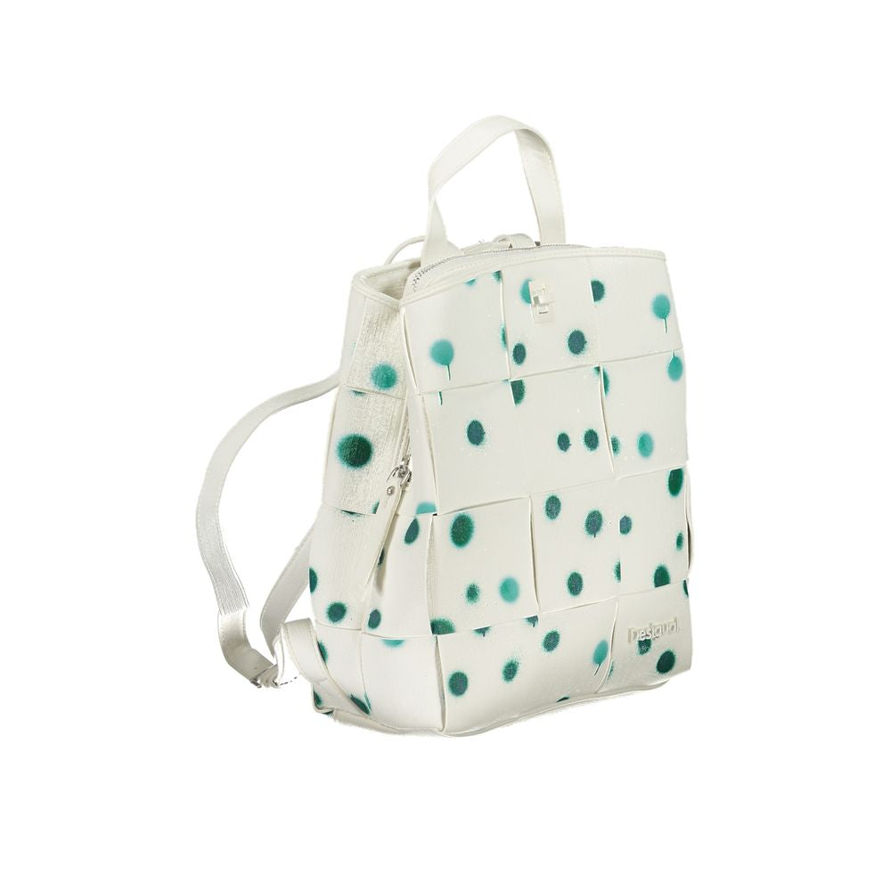 Small Backpack by Desigual for women in faux leather & canvas green, white & print showcases an architectural Droplets Faux Leather & Canvas Small Backpack design, featuring a secure , ample built-in-compartments, and architectural backpack-strap for a sophisticated look.