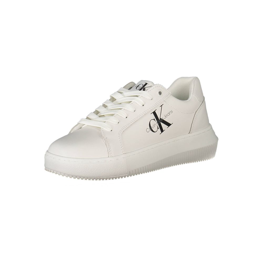 Sneakers by Calvin Klein for women in polyester polyethylene leather white & print presents a sumptuous silhouette, artfully capturing the essence of the Women's Athletic Polyester Polyethylene Leather Sneakers with its sumptuous athletic style design.