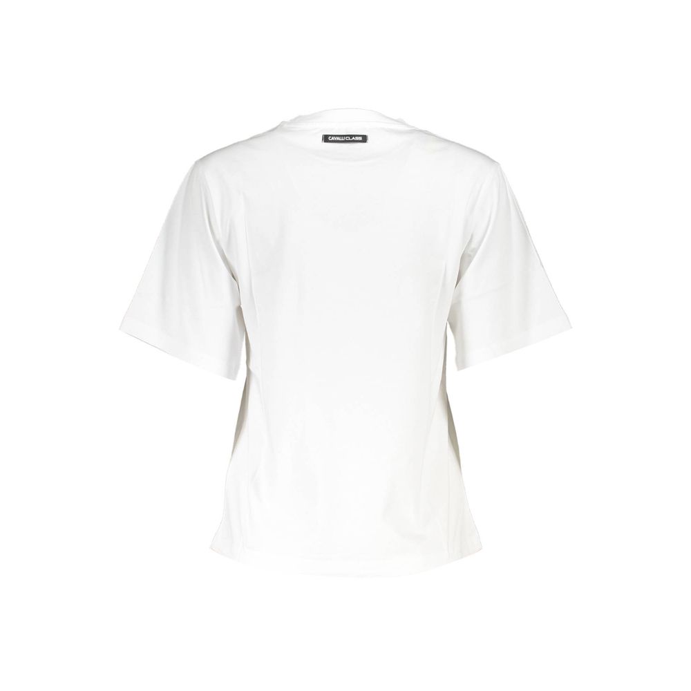 T-Shirt by Cavalli Class for women in cotton white & print showcases a fashionable silhouette, elegantly detailed with a fashionable and for a sophisticated, high-fashion look.
