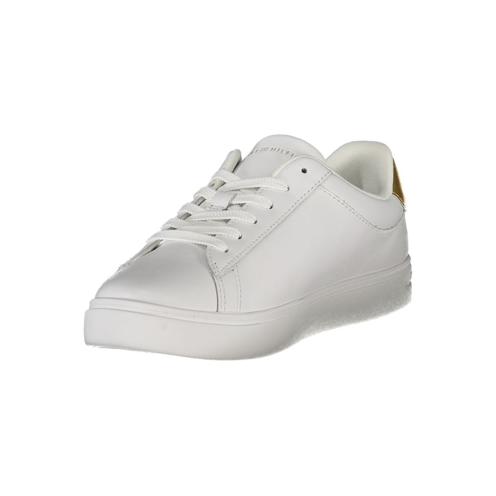 Sneakers by Tommy Hilfiger for women in polyester polyethylene leather gold & white presents a sumptuous silhouette as Women's Athletic Polyester Polyethylene Leather Sneakers, expertly defined by a sumptuous athletic style for a sumptuous, high-fashion look.