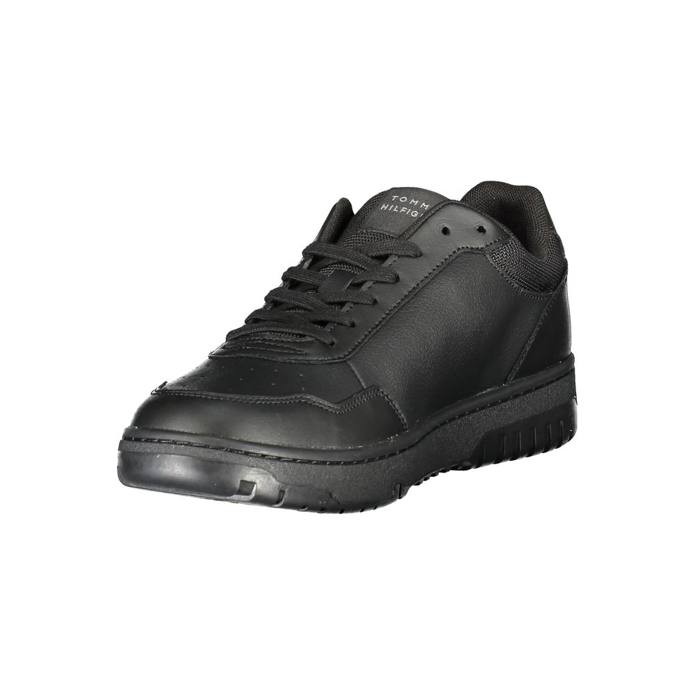 Athletic Sneakers by Tommy Hilfiger for men in leather black & print features an architectural silhouette, showcasing the premium athletic style of the Men's Athletic Leather Sneakers with an architectural finish.