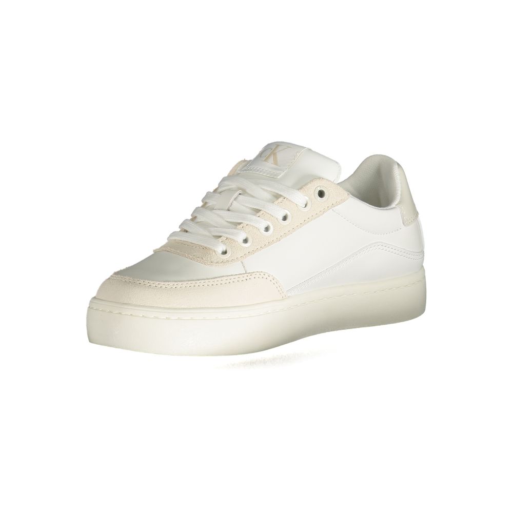 Athletic Sneakers by Calvin Klein for women in polyester polyurethane leather white & print showcases a architectural silhouette, artfully capturing the essence of the Women's Athletic Polyester Polyurethane Leather Sneakers with its signature architectural athletic style construction.