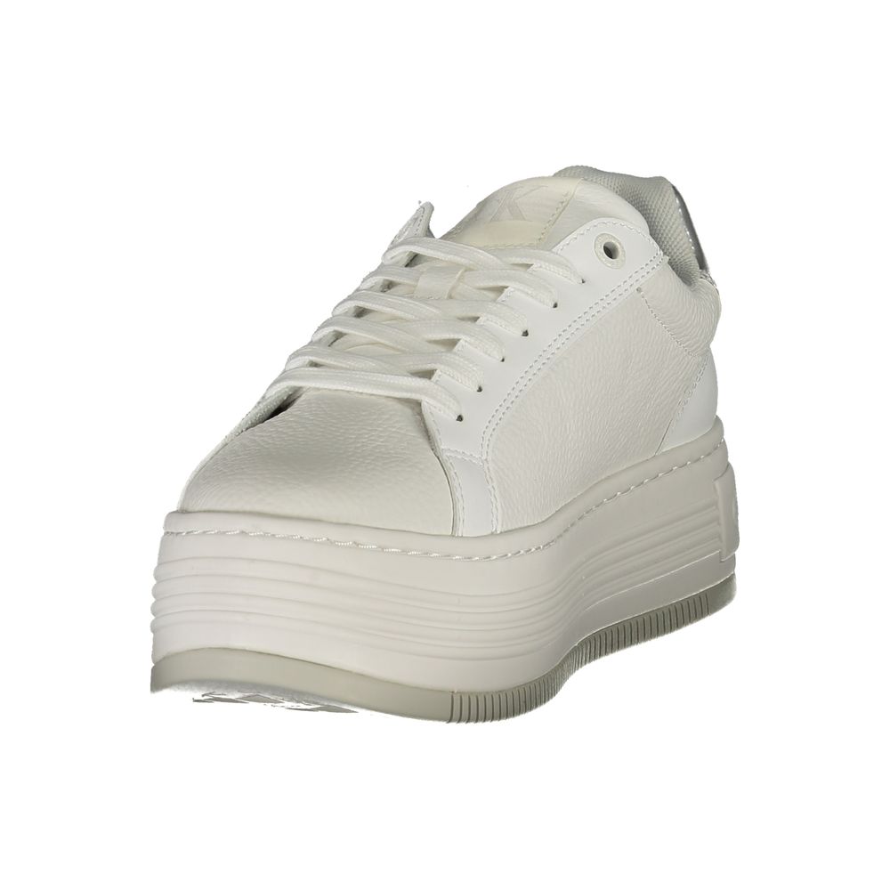 Calvin Klein Women's Fashion Polyester Polyethylene Leather Sneakers - Silver White