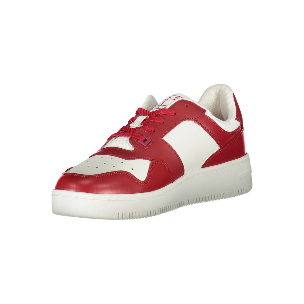 Athletic Sneakers by Tommy Hilfiger for men in polyester polyethylene leather pink, red & print showcases a architectural silhouette, artfully capturing the essence of the Men's Athletic Polyester Polyethylene Leather Sneakers with its signature architectural athletic style construction.