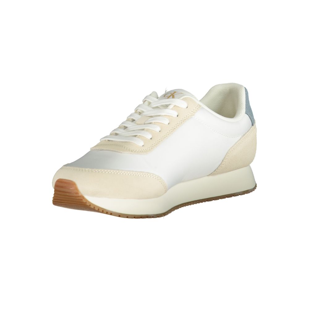 Sneakers by Calvin Klein for men in polyester polyethylene leather beige, blue & white presents a sumptuous silhouette as Crisp Men's Fashion Polyester Polyethylene Leather Sneakers, expertly defined by a sumptuous fashion style for a sumptuous, high-fashion look.