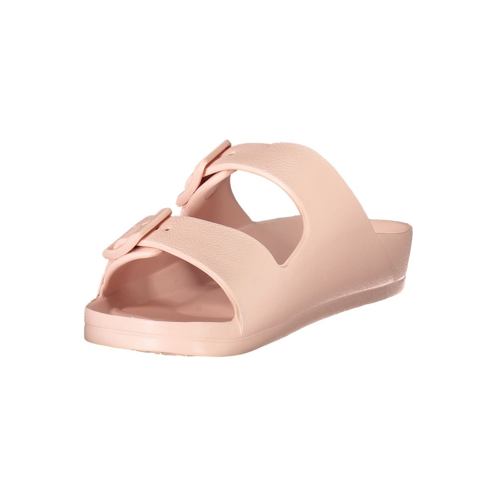 Sandals by Norway 1963 for women in plastic pink & print presents a sculptural silhouette, showcasing the Women's Plastic Sandals design with a sculptural and for a premium look.