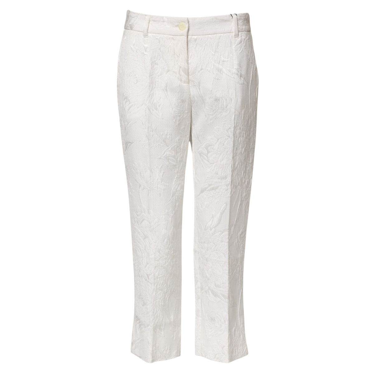 Dolce & Gabbana Women's Regular Fit Cropped Mid Rise Stretch Viscose Cotton Jeans - White Floral Jacquard