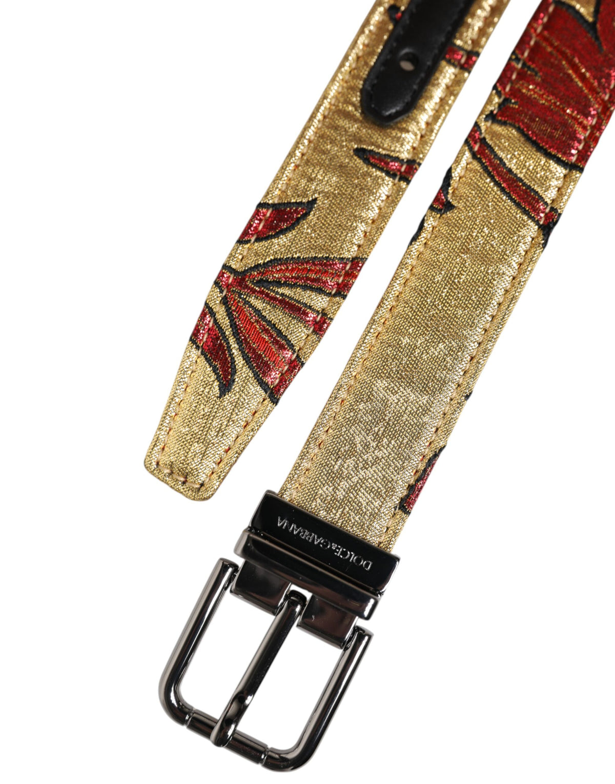 Dolce & Gabbana Leather Metallized Fiber Silk & Viscose Belt - Gold Silver Floral Jacquard
