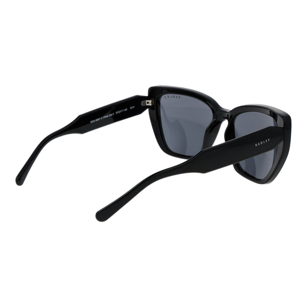Sunglasses by Radley for women in polycarbonate black features a contemporary silhouette, showcasing a contemporary full-rim cat-eye frame design in black coloured frame with high-performance non-polarized category-3-dark-tint lens.