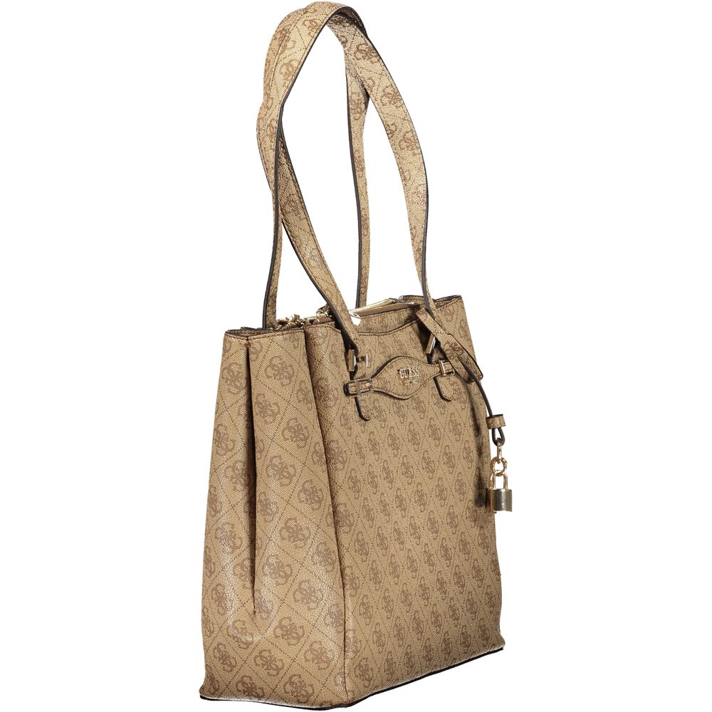 Satchel Tote Handbag by Guess Jeans for women in polyethylene & polyurethane beige, gold, patterned & signature features a signature silhouette, showcasing a secure snap, zipper & magnetic and signature with versatile for a sophisticated look.