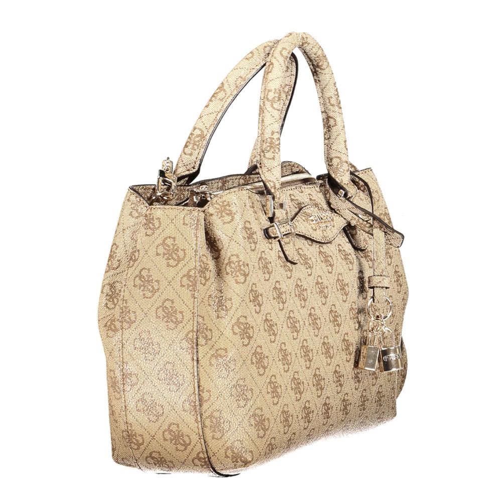 Crossbody Girlfriend Satchel Handbag by Guess Jeans for women in polyethylene beige, gold & patterned features a signature silhouette, showcasing a secure zipper and signature with versatile crossbody-strap, handle & adjustable-strap for a sophisticated look.
