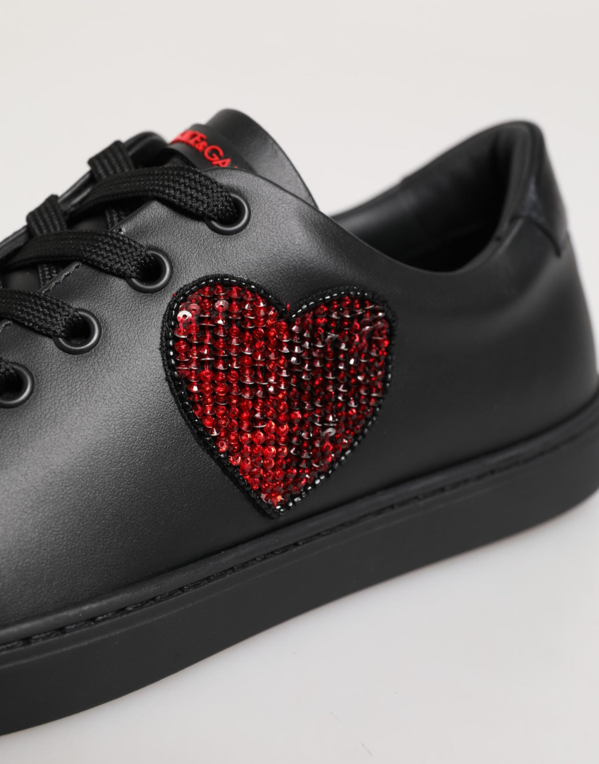 Dolce & Gabbana Heart Women's Low Top Calf Leather Crystal & Rubber Sneakers - Black Red