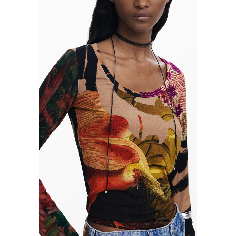 Desigual Women's Slim Round Neck Stretch Viscose T-Shirt - Brown Print