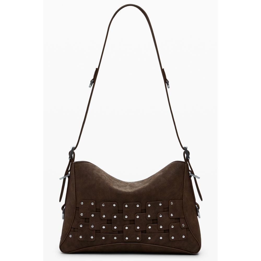 Handbag by Desigual for women in faux leather brown & patchwork features an refined silhouette, showcasing a secure zipper, ample coin-purse, and versatile adjustable-strap, detachable-strap & handle for a sophisticated refined aesthetic.