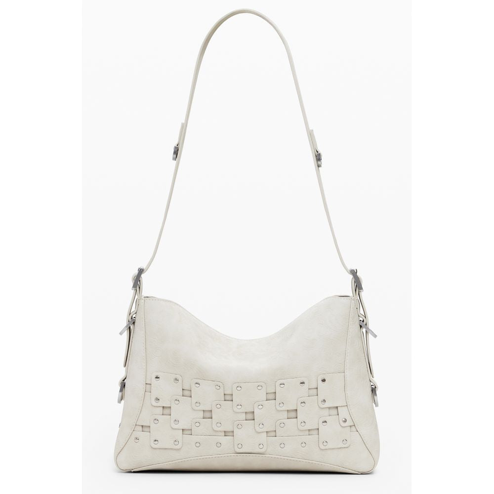 Handbag by Desigual for women in faux leather beige & patchwork features a signature silhouette, showcasing a secure zipper and signature coin-purse with versatile adjustable-strap, detachable-strap & handle for a sophisticated look.
