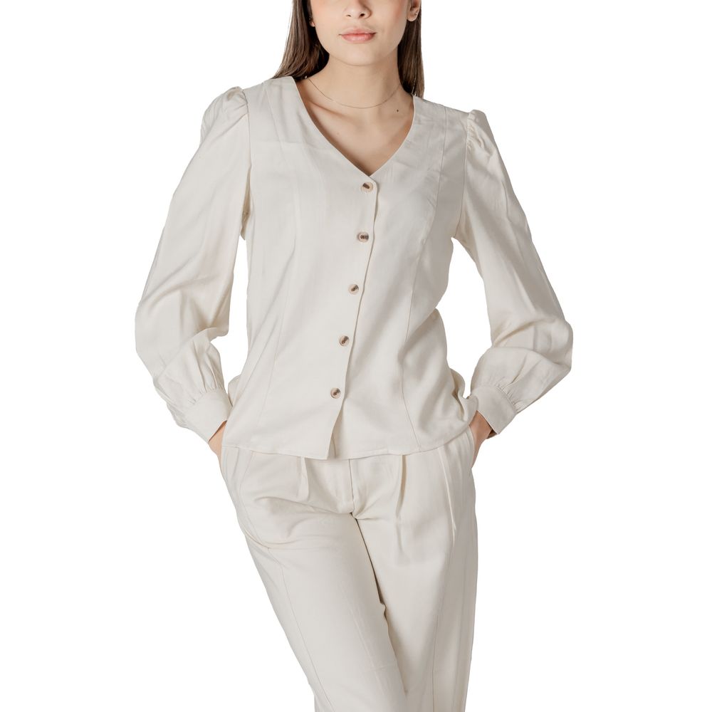 Vila Clothes Women's Lightweight Long-Sleeve V-Neck Polyester & Viscose Activewear Top - Cream