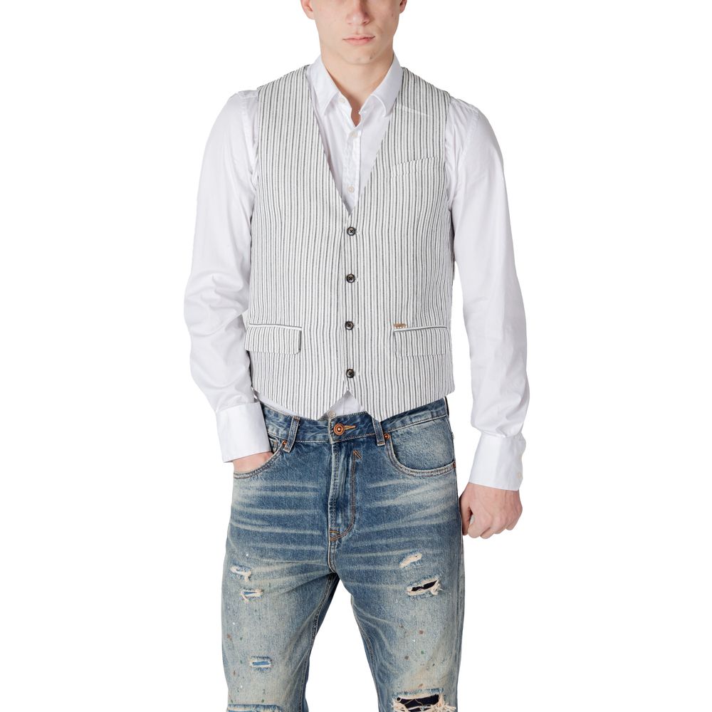 Vest by Gianni Lupo for men in linen & cotton black features an contemporary silhouette, showcasing refined and a contemporary for a sophisticated layered look.