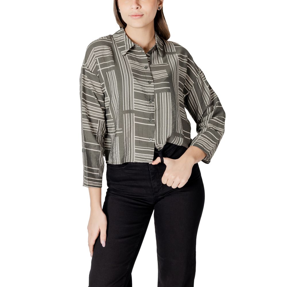 Jacqueline De Yong Women's Crop-Top Lightweight Long-Sleeve Nylon & Viscose Shirt - Green Striped