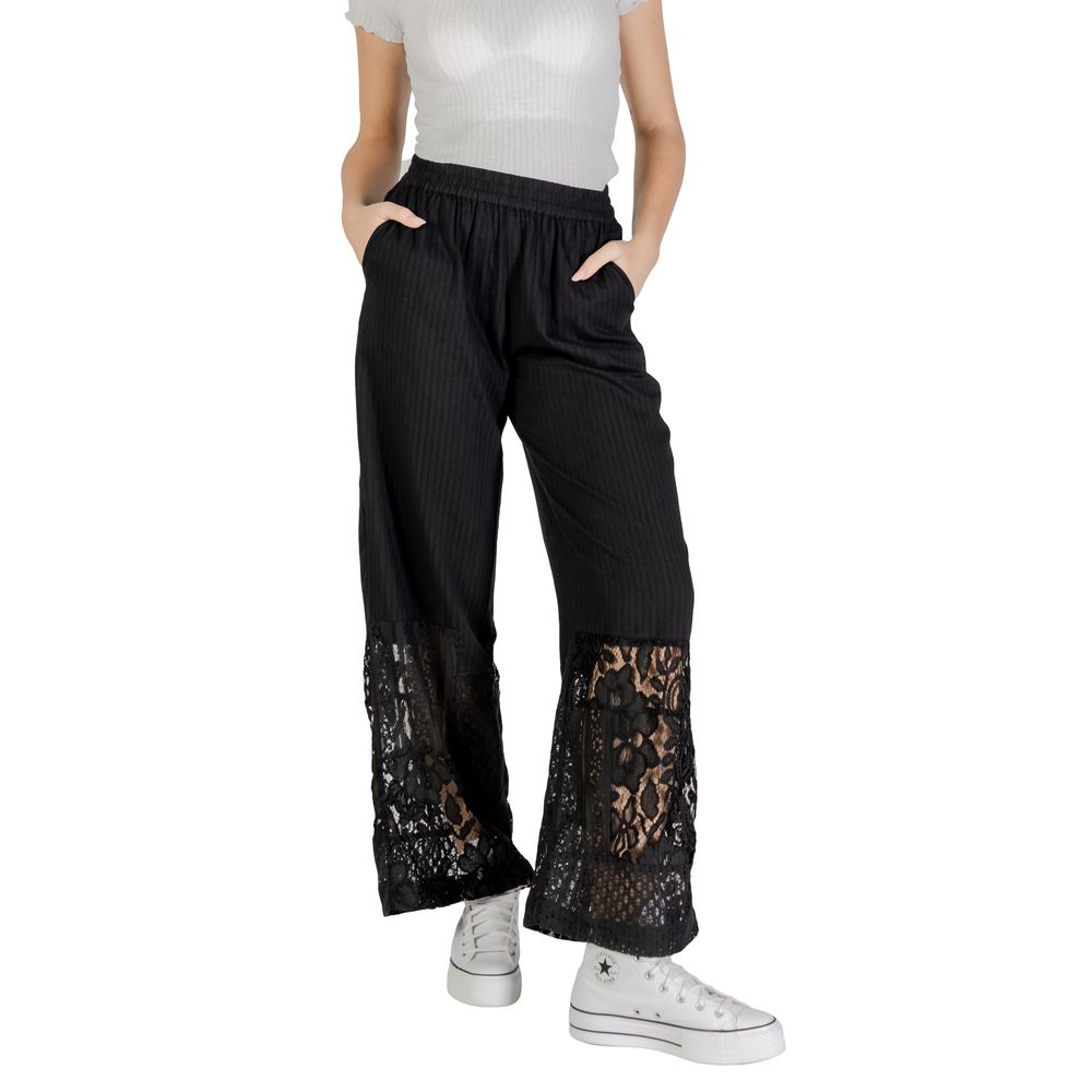 ICHI Women's Wide Lightweight Polyamide Viscose & Cotton Trousers - Black