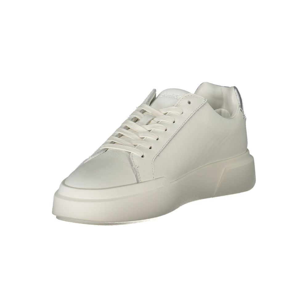 Athletic Sneakers by Calvin Klein for women in polyester polyethylene leather silver & white features an architectural silhouette, showcasing the premium athletic style of the Women's Athletic Polyester Polyethylene Leather Sneakers with an architectural finish.