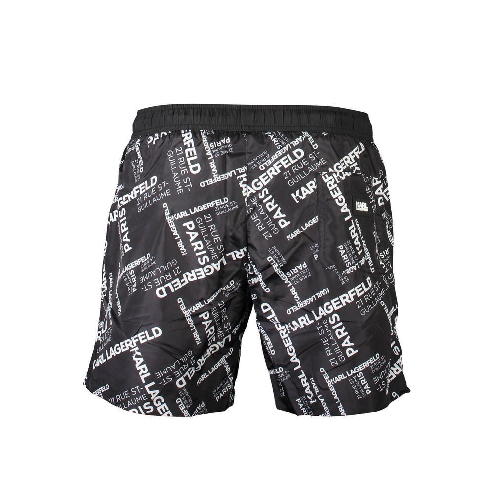 Swim Shorts by Karl Lagerfeld for men in polyester black features an dramatic silhouette that defines the luxurious aesthetic and refined cut of the Men's Polyester Swim Shorts.