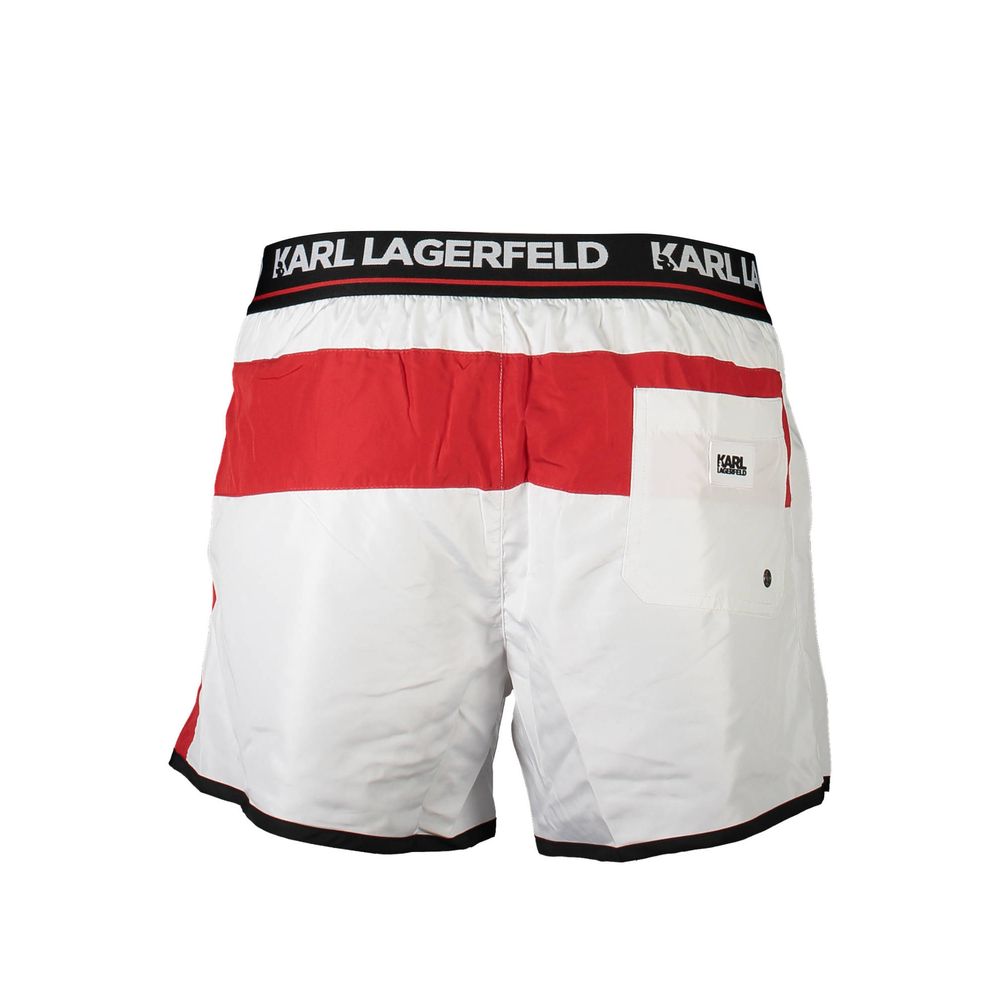 Swim Shorts by Karl Lagerfeld for men in polyester white features a resort ready silhouette, perfectly capturing the resort ready aesthetic of Men's Polyester Swim Shorts with a resort ready finish.