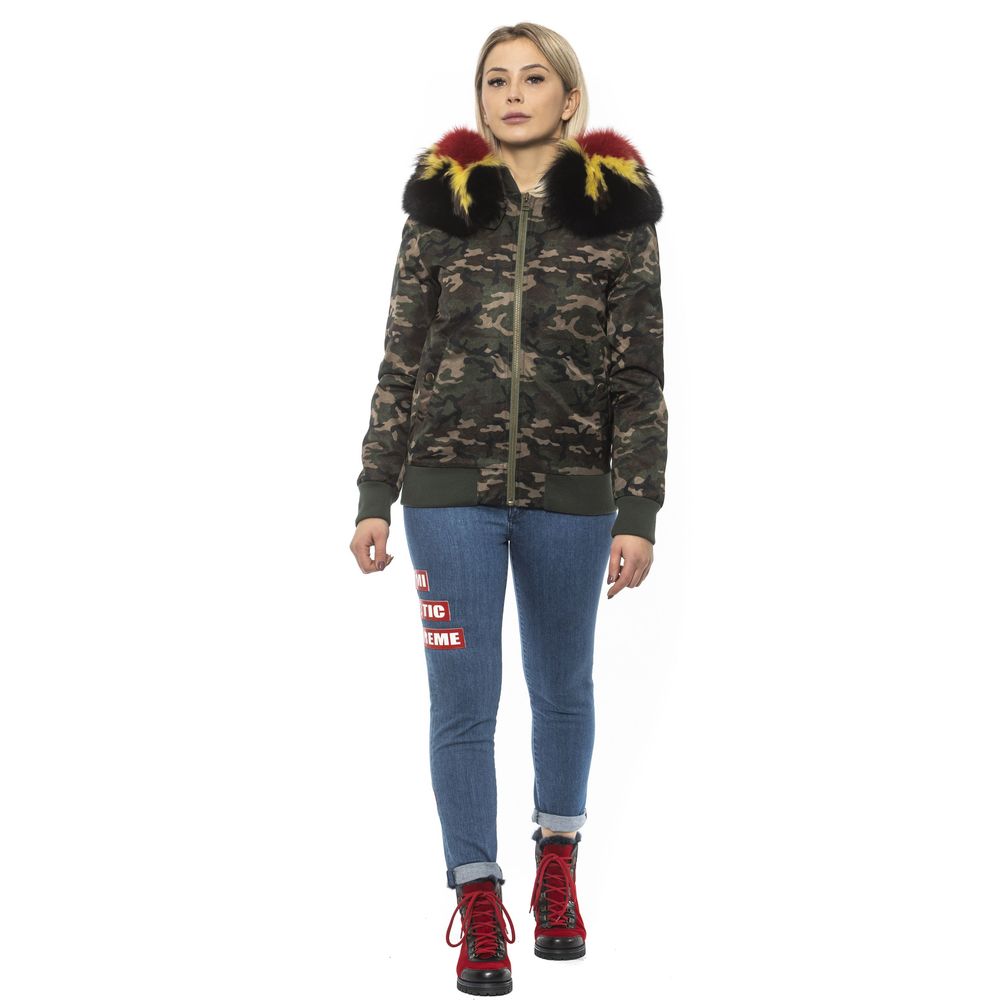 Mr&Mrs Italy Women's Polyamide Fur Hooded Bomber Jacket - Military Green Camouflage Print