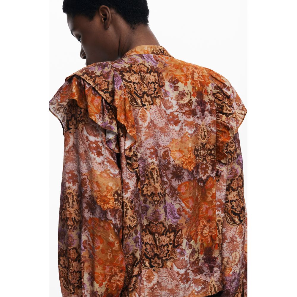Desigual Cambogia Women's Long-Sleeve V Neck Polyamide Viscose Shirt - Orange Patterned