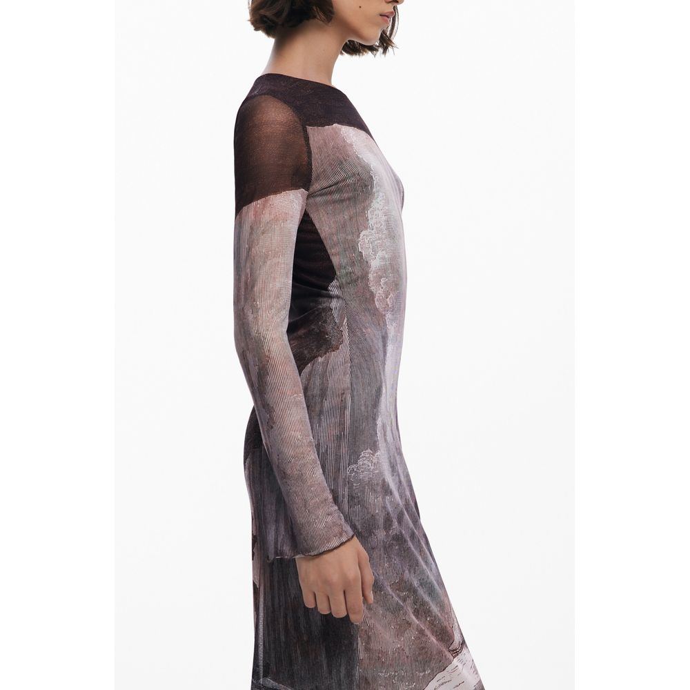 Dress by Desigual for women in stretch viscose polyester brown, patterned & print features a dramatic silhouette, showcasing an elegant and that flows into a dramatic midi long.