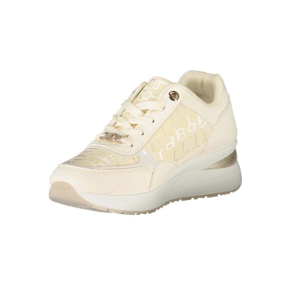 Athletic Sneakers by Laura Biagiotti for women in polyester & polyethylene beige & white features an stately silhouette, showcasing the signature athletic style of the Crisp Women's Athletic Polyester & Polyethylene Sneakers collection with a truly stately finish.