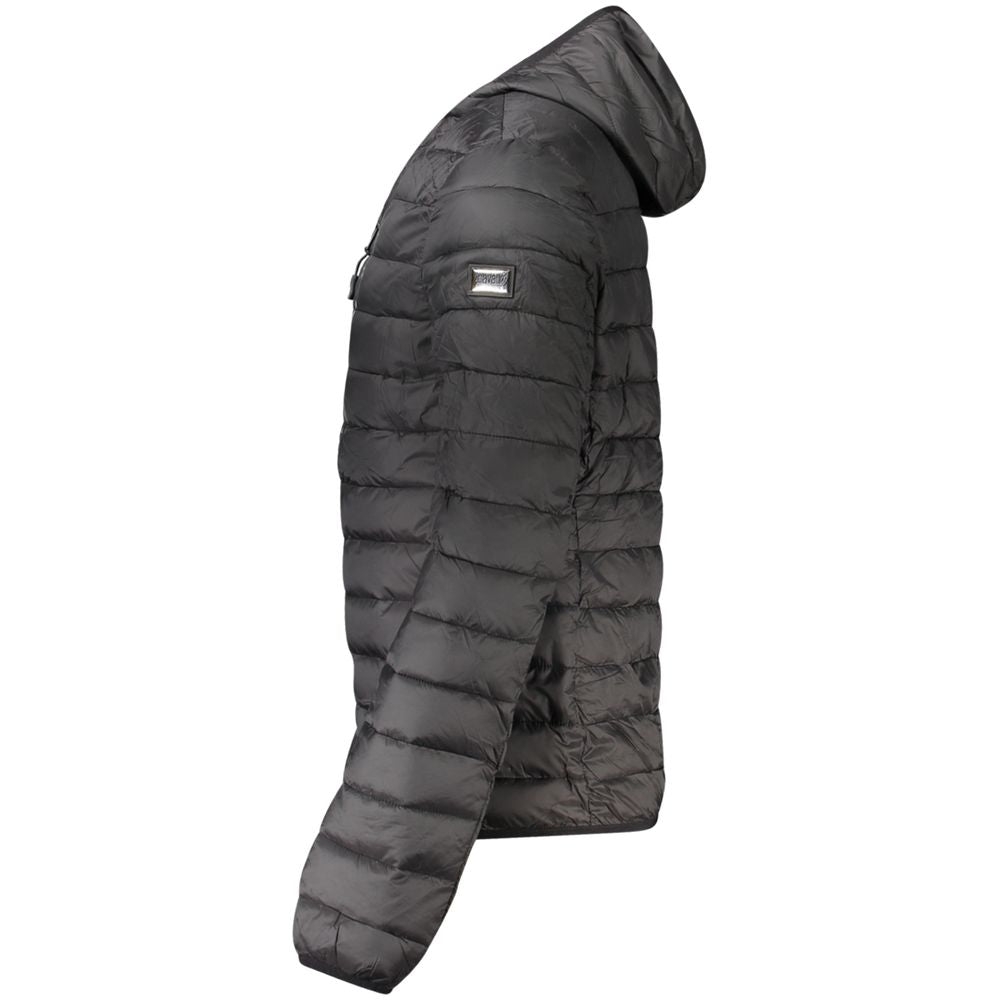 Hooded Windbreaker Jacket by Cavalli Class for men in polyester black showcases a urban chic silhouette, detailed with a urban chic and functional lightweight, pockets, hooded & windproof for a polished finish.