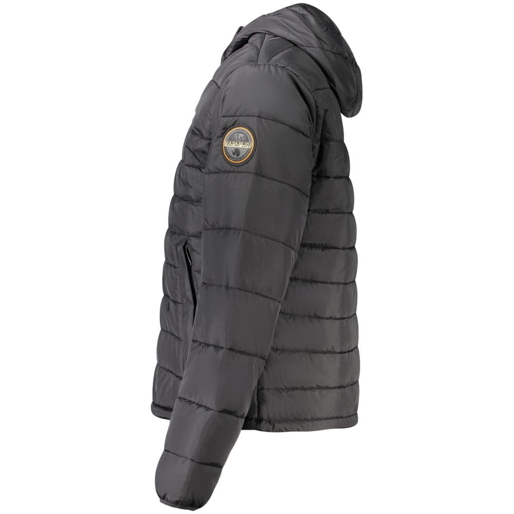 Hooded Windbreaker Jacket by Napapijri for men in polyamide black & print showcases a modern silhouette, integrating pockets, hooded & windproof and a modern hooded neckline for a sophisticated finish.