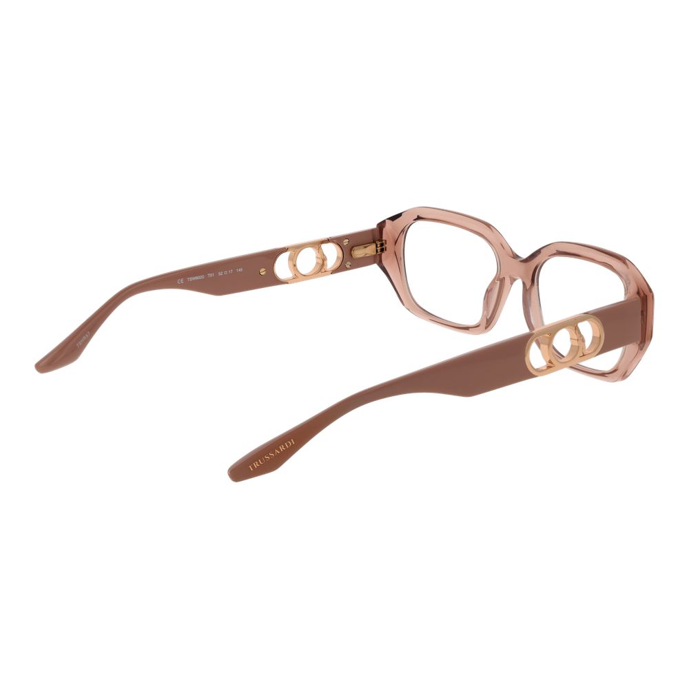 Eyeglasses Frames by Trussardi for women in acetate pink showcases a refined full-frame frame design with a refined rose coloured frame finish for a refined and sophisticated look.