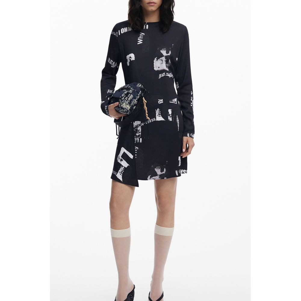 Desigual Women's Long-Sleeve Wide Neck Stretch Viscose Dress - Black Patterned