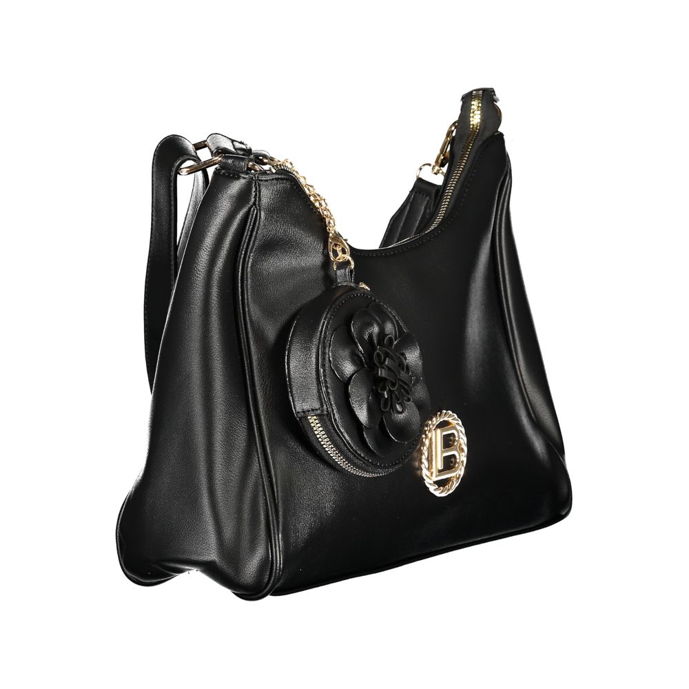 Handbag by Laura Biagiotti for women in pvc black features a ornamental silhouette, showcasing a secure zipper, ample removable-pouch, internal-pockets & coin-purse, and ornamental shoulder-strap & adjustable-strap for a sophisticated look.