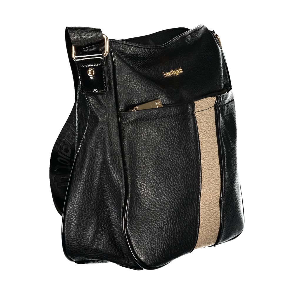 Handbag by Laura Biagiotti for women in pvc black features a signature silhouette, showcasing a secure zipper and signature document-holder, external-pockets & internal-pockets with versatile shoulder-strap & adjustable-strap for a sophisticated look.
