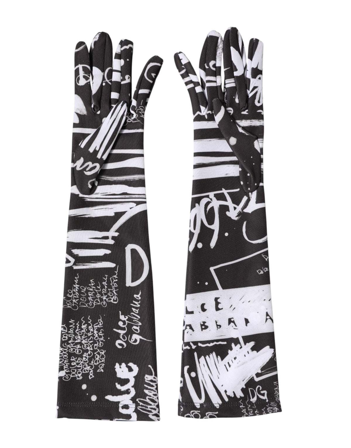 Dolce & Gabbana Stretch Polyester Mittens Elbow Length Gloves - Black White Signature