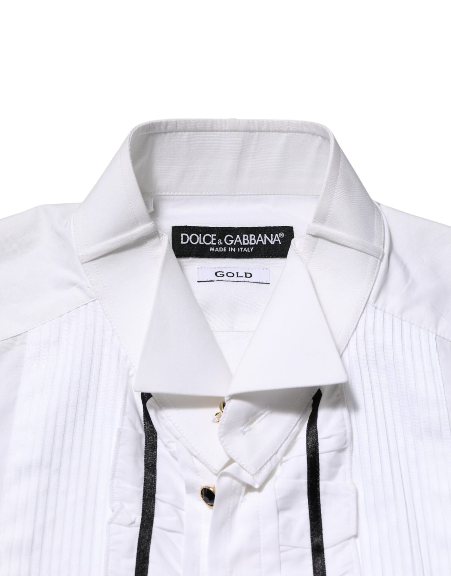 Dolce & Gabbana White Cotton Collared Long Sleeve GOLD Dress Shirt