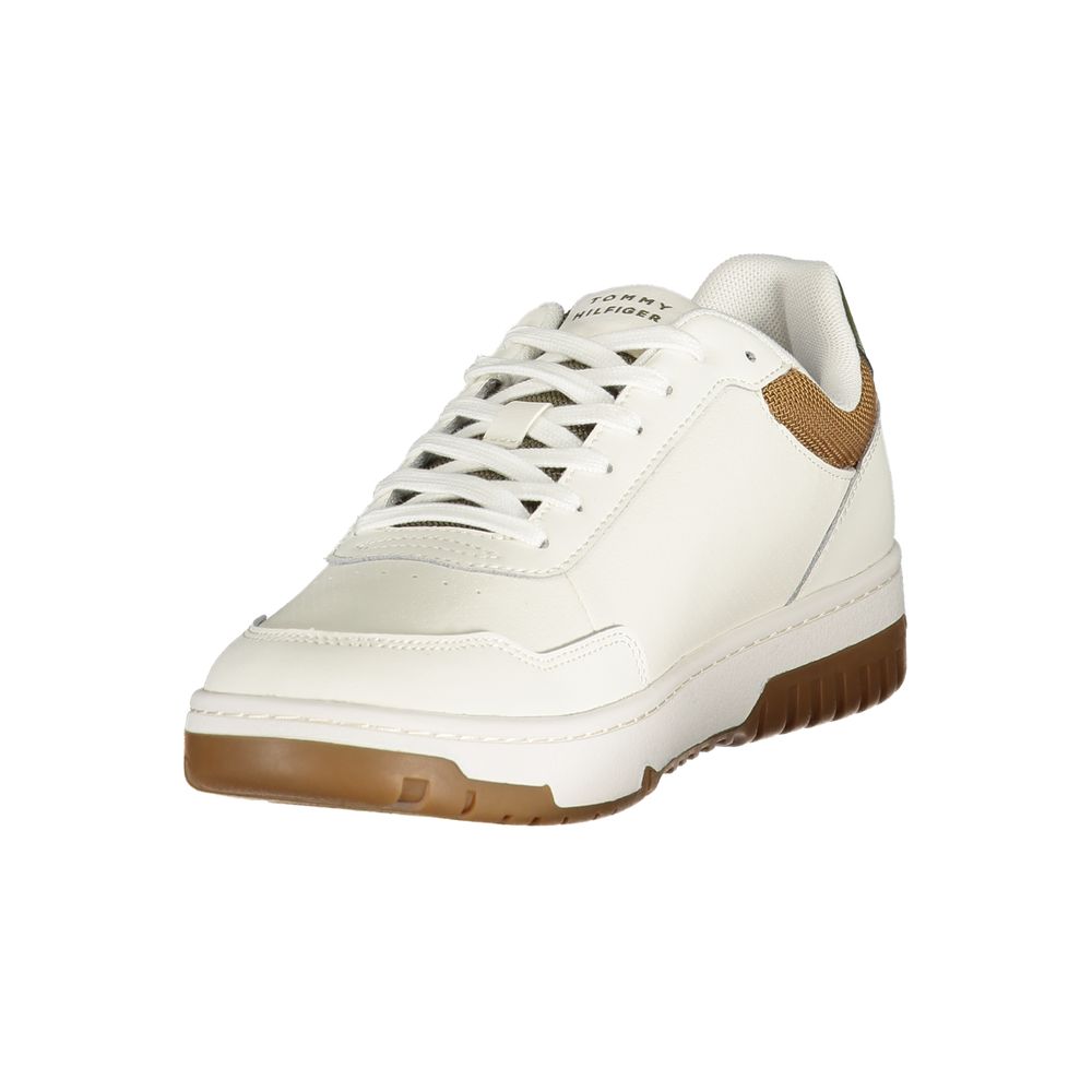 Athletic Sneakers by Tommy Hilfiger for men in polyester polyethylene leather white features an stately silhouette, showcasing the signature athletic style of the Men's Athletic Polyester Polyethylene Leather Sneakers collection with a truly stately finish.