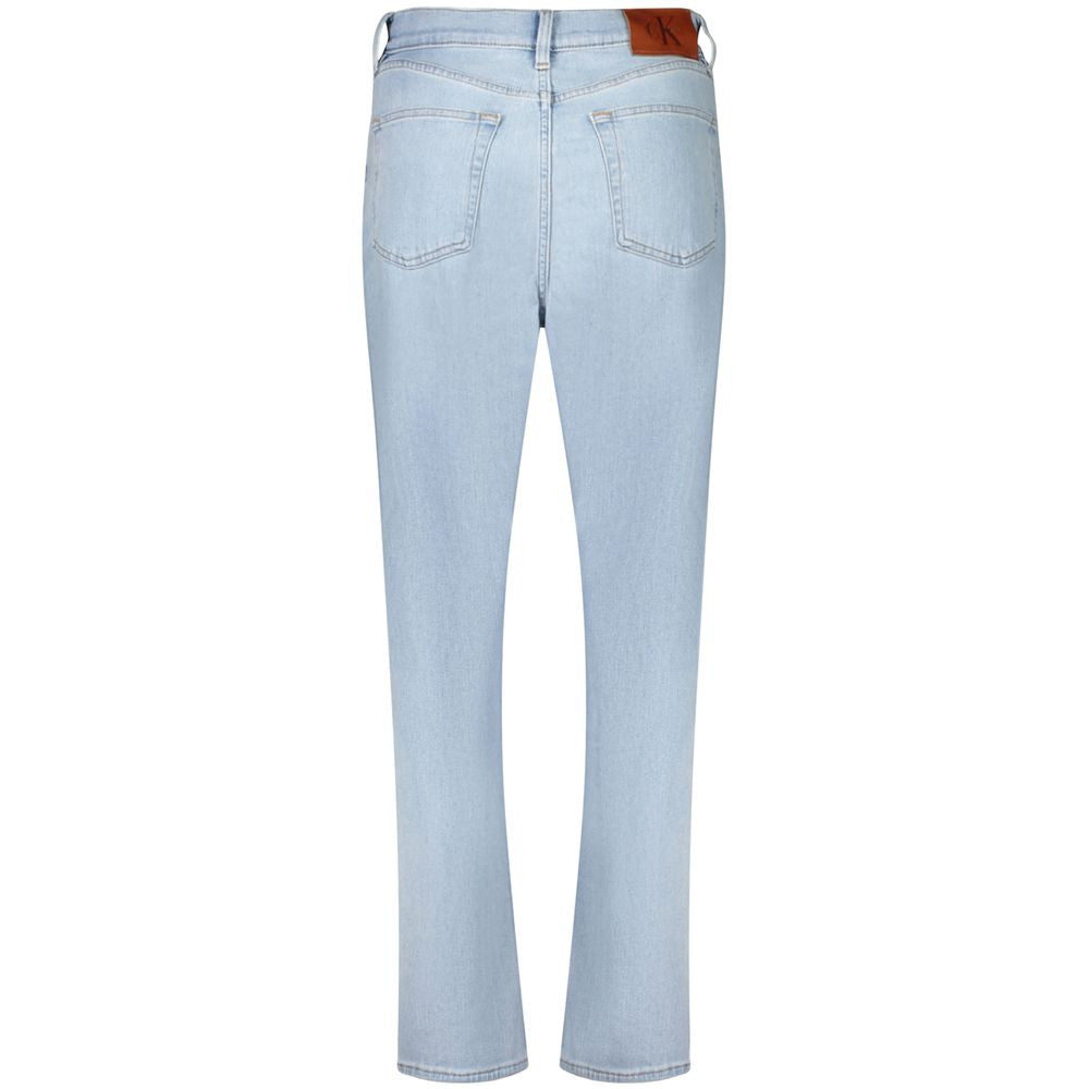 Jeans by Calvin Klein for women in stretch denim cotton blue presents a tailored silhouette, showcasing a tailored tapered-leg, relaxed-fit & mom and long cut with a refined high rise for a truly tailored aesthetic.