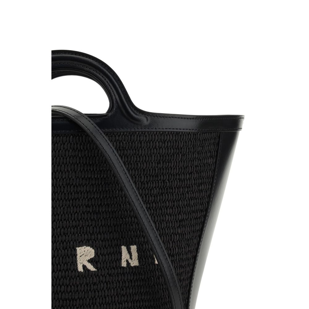 Shoulder Bucket Bag by Marni for women in cotton leather & polyester black & monogram features a stately silhouette, showcasing a secure zipper & drawstring, ample , and stately shoulder-strap, handle & adjustable-strap for a stately finish.