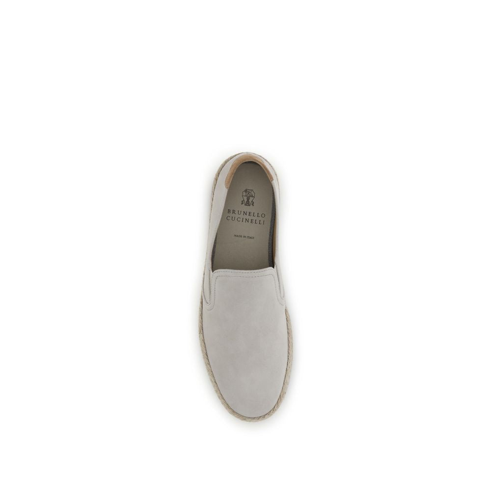 Brunello Cucinelli Men's Low Top Slip On Raffia & Bos Taurus Suede Calf Leather Sneakers - Gray Natural
