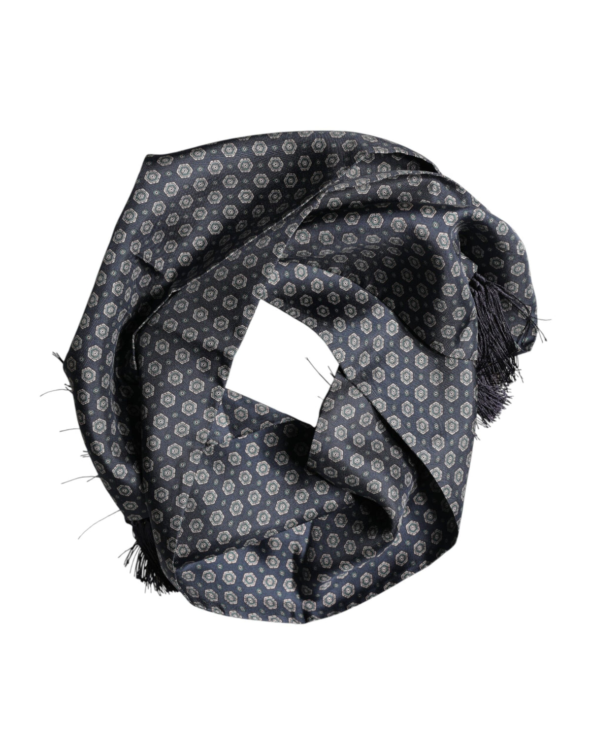 Scarf by Dolce & Gabbana for men in lace marble & silk blue & patterned showcases a on trend silhouette, artfully capturing the on trend essence of the Lace Marble & Silk Foulard Stole Fringes Scarf design with a sophisticated finish.