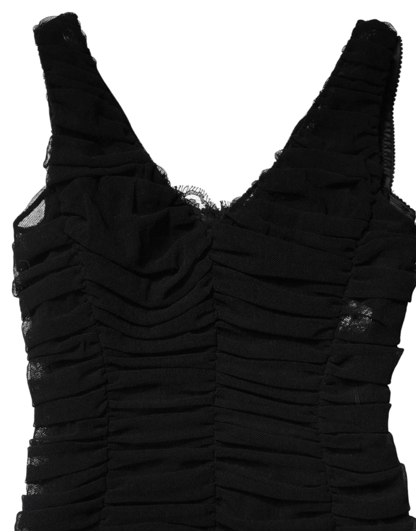 Dolce & Gabbana Black V-Neck Ruched Lace Hem Midi Dress